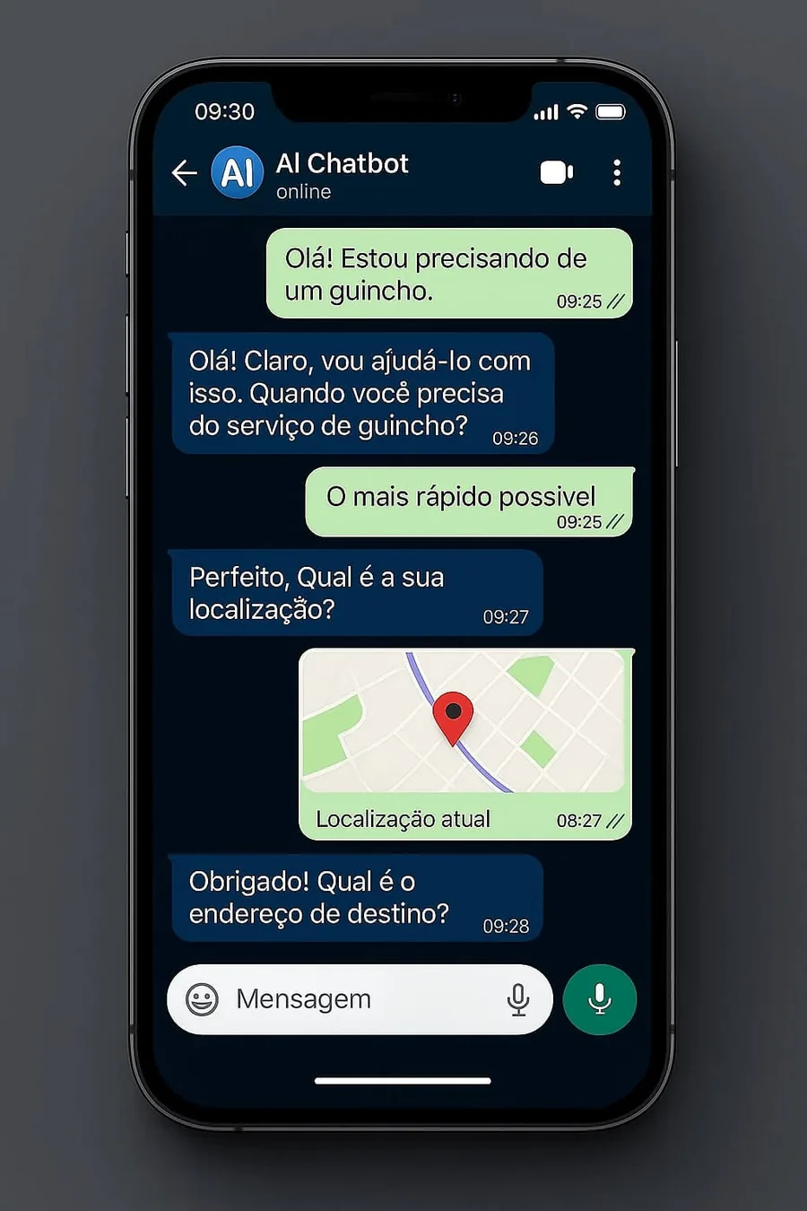Conversa no WhatsApp entre cliente e Agente de IA para guincho